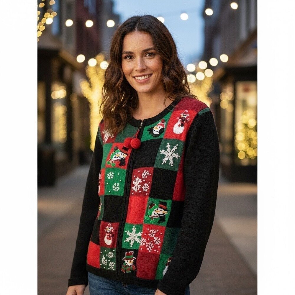 Victoria Jones Women's Red & Black Zipper Snowman  Christmas Sweater